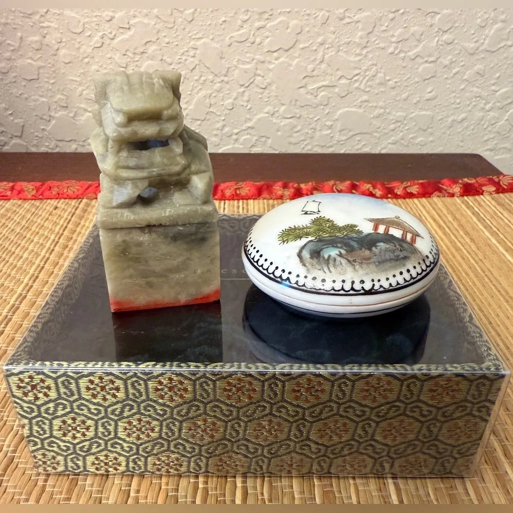 Pier 1 Chinese Joy Unity Stamp Set Carved Stone Chop Pot Red Paste Ink